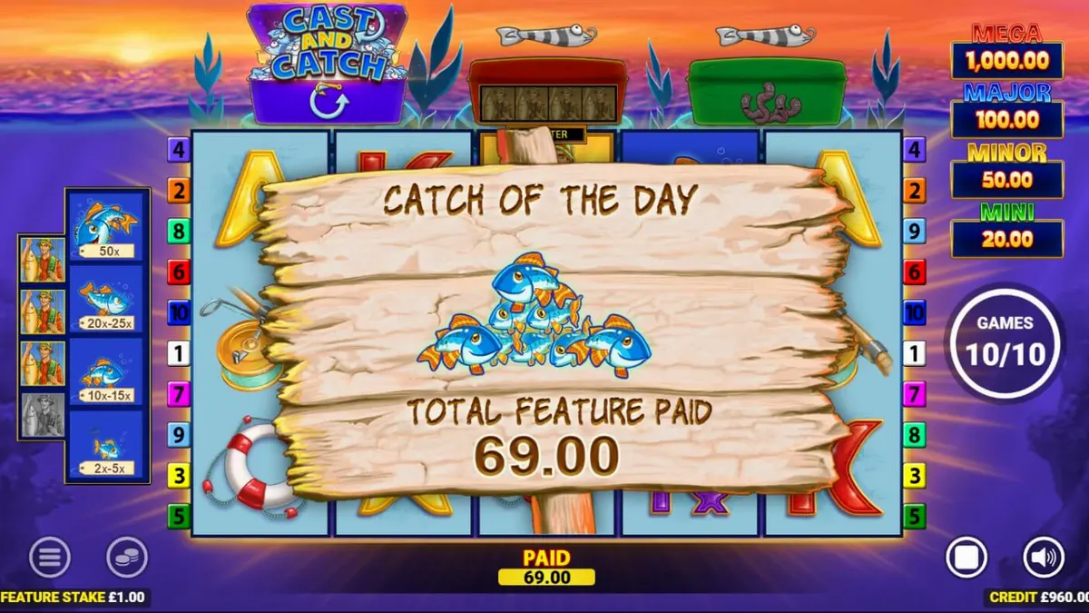 Pemandangan danau yang tenang dan simbol nelayan dalam game Fishin Frenzy Lure Em In