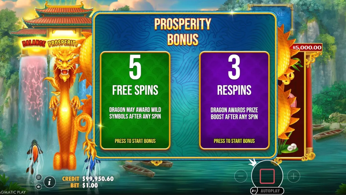 Tampilan visual slot Dragon’s Gate Bonus Choice dengan tema naga dan pegunungan mistis.