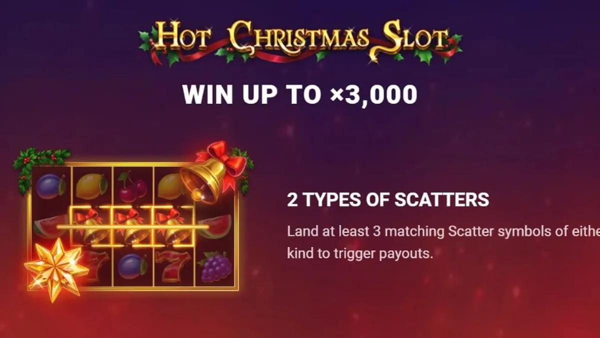 Tampilan visual mesin slot Hot Christmas dengan latar belakang bertema liburan