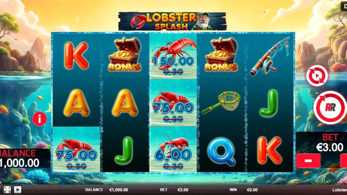 Tampilan layar permainan slot Lobster Splash dengan tema bawah laut yang cerah